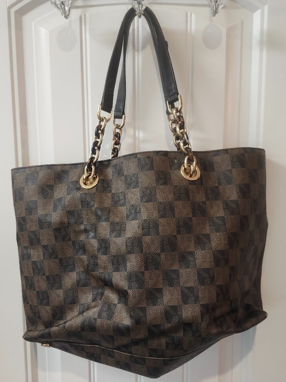 Michael Kors Brown Checkered Tote Shoulder Bag Gold/Tortoise Chain w/ Dust Bag